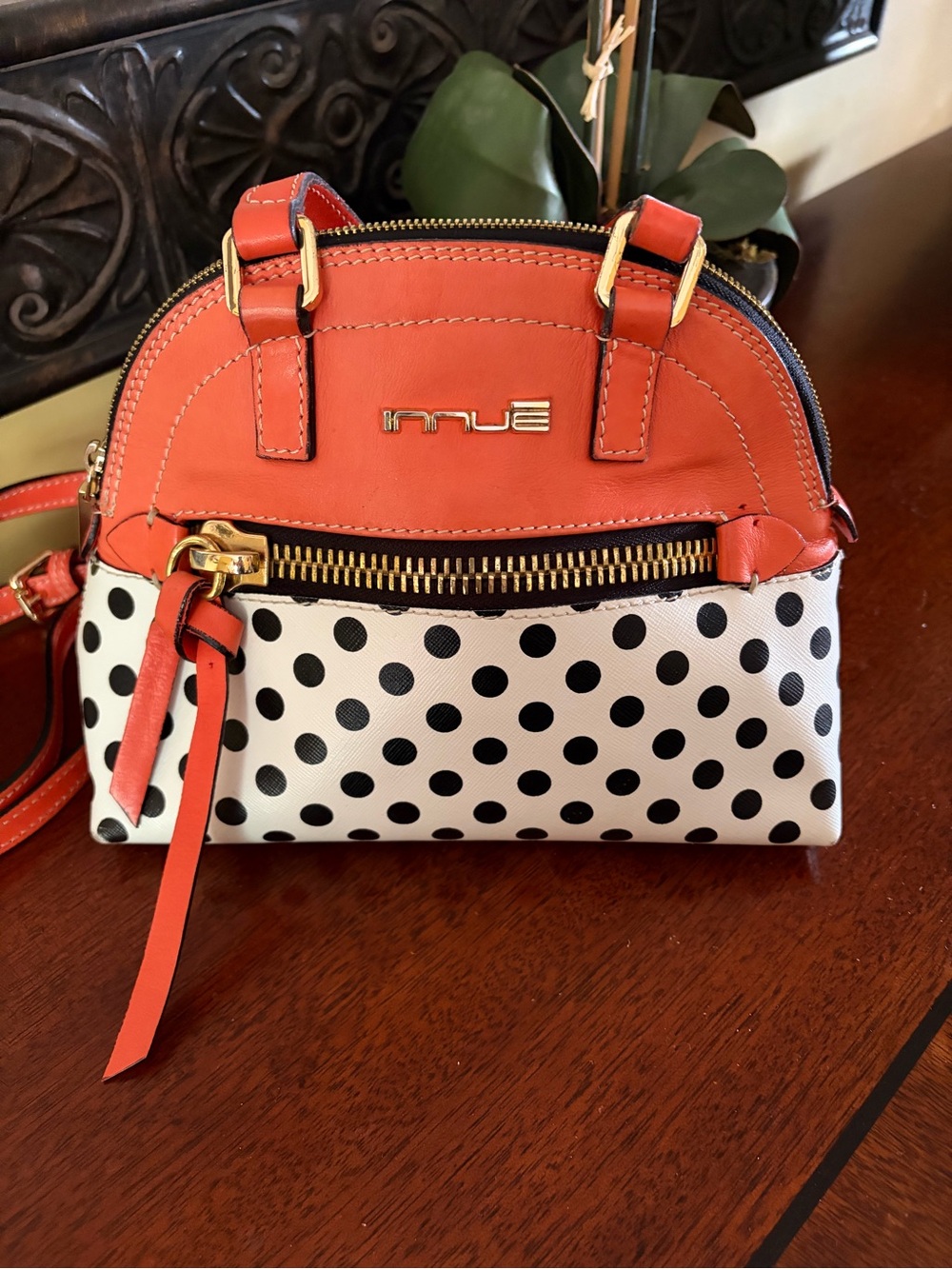 Innue Beautiful Italian Leather Coral Polka Dot Mini Crossbody Bag